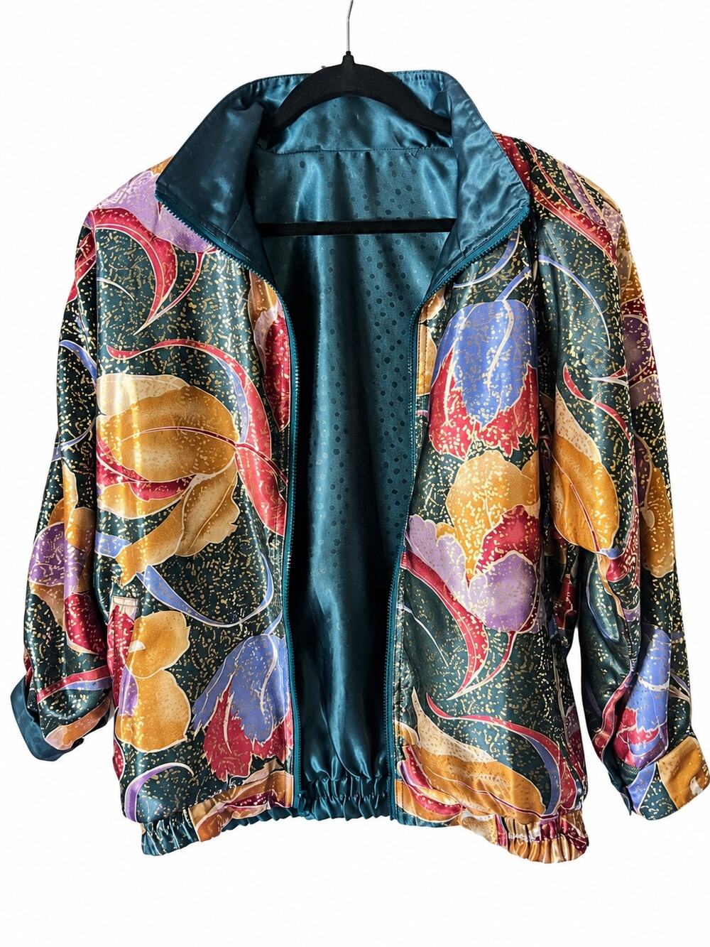 Rafael Reversible Floral Satin Bomber Jacket Women’s Small Teal Vintage